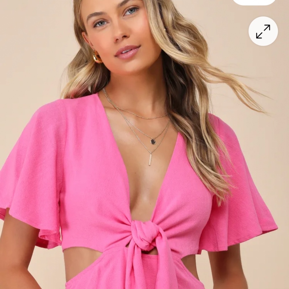 Lulus NWT Women’s SZ M Pink Cut Out Tie Front Mini Dress Short Sleeve VNeck - Picture 2 of 9